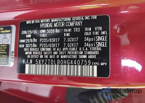 2017 Hyundai Santa Fe Sport 2.4L из США, поврежденный, VIN 5XYZTDLB0HG440759